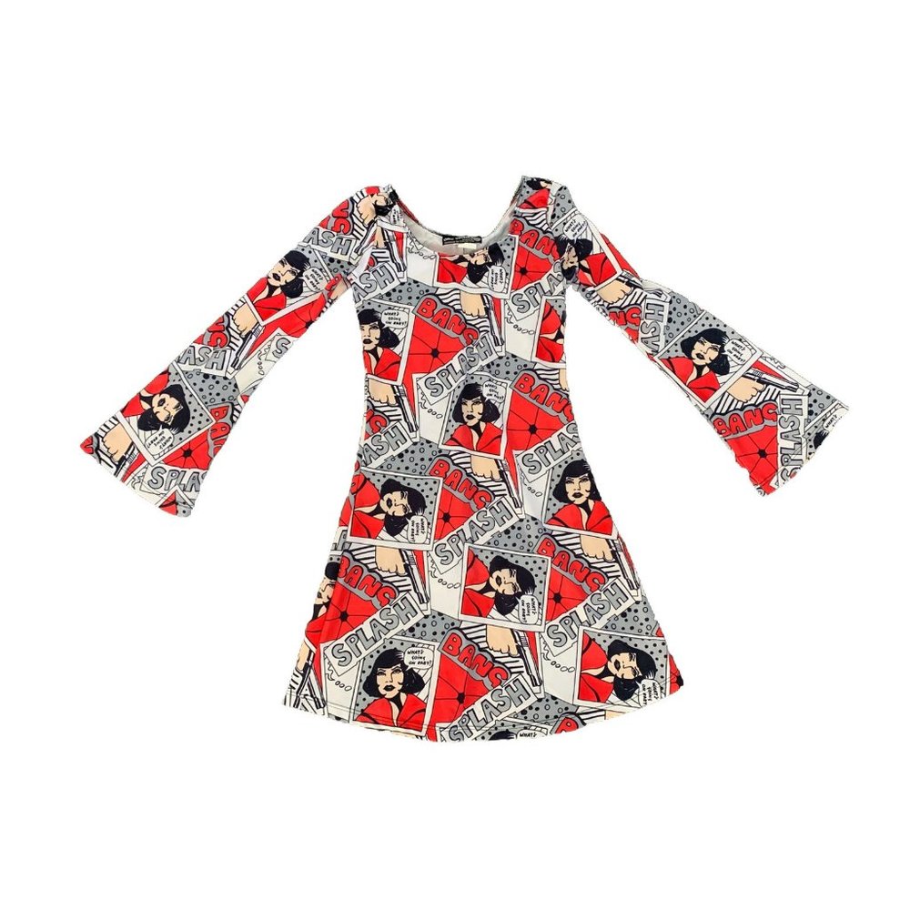 Funk Factory Diva Comic Dress Black/White/Red -Fit & Flare -Bell Sleeves YOUTH